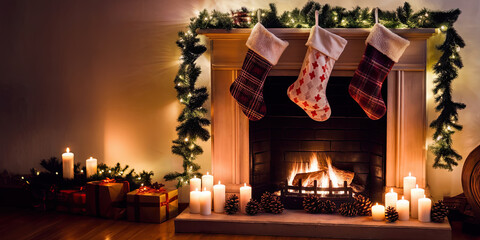 Obraz premium Cozy Christmas Fireplace with Stockings Candles and Gifts
