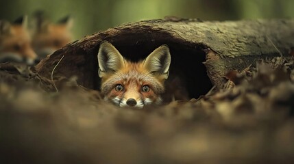 A red fox peeks out from a log, showcasing its striking eyes and vibrant fur in a serene woodland setting.