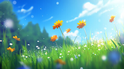 Vibrant Illustrations of Cartoon Flower Fields in a Dreamlike Summer Landscape