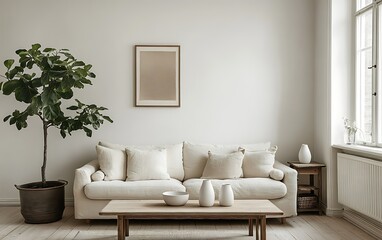 Minimalist living room interior with beige sofa, wooden coffee table, and fiddle leaf fig plant.