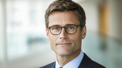 Naklejka premium Confident Middle Aged Businessman Portrait Glasses Serious Expression Corporate Headshot