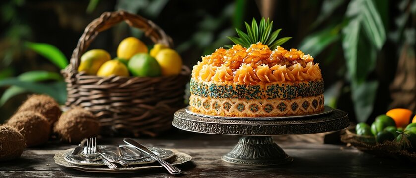 Delicious tropical fruit cake on a rustic wooden table.