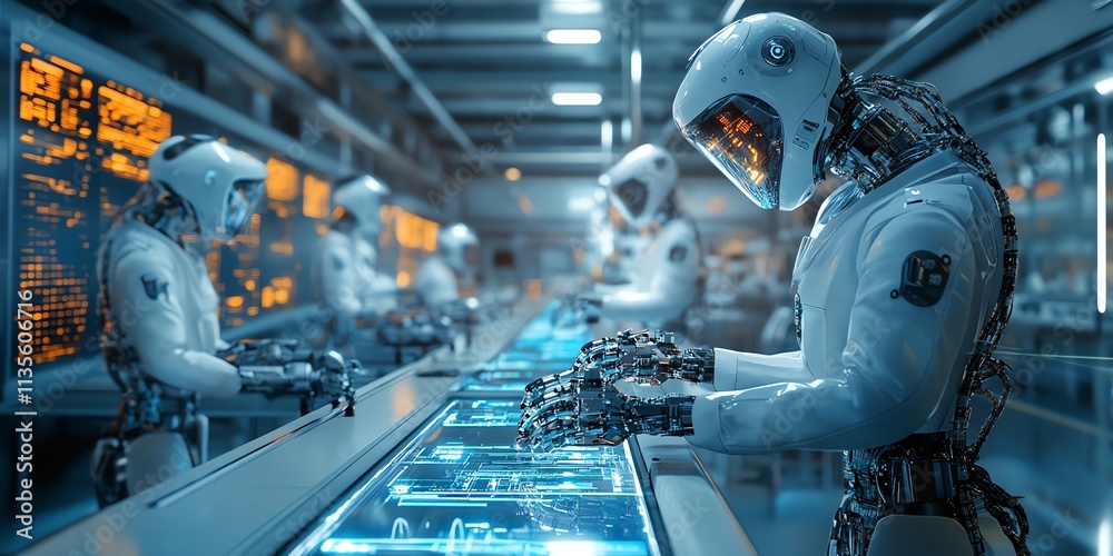 Poster Futuristic robots working in a high-tech environment focused on advanced technology.