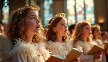 Children in angel costumes sing Christmas carols in church. Joyful holiday service. Festive gathering. Religious celebration. Kids dressed as angels. Group of children singing in church. Warmth,