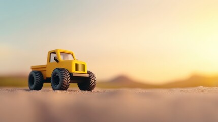 Cute Yellow Toy Truck on Sandy Beach at Sunset