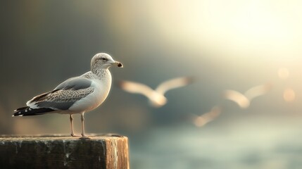 A serene seagull stands on a weathered post, gazing into the distance as other birds soar in the soft, golden light.