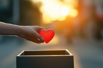 Hand Placing a Red Heart Symbol into a Box Against a Beautiful Sunset Background, Representing Love, Generosity, and Compassion in Everyday Life