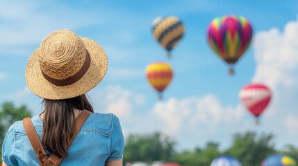 Fototapeta premium Female tourist enjoying scenic view of colorful hot air balloons flying in the sky from the rooftop of a hotel during a serene vacation, symbolizing travel, adventure, and leisure