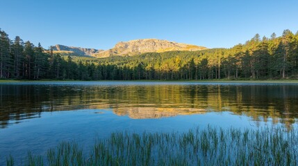 Tranquil Mountain Lake Surrounded by Pine Forest and Reflective Water at Sunrise