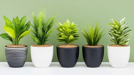 Fototapeta premium Collection of Indoor Plants in Modern Pots Against a Green Wall for Home Decor
