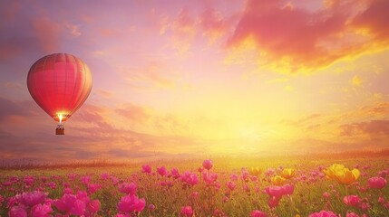 Obraz premium Colorful hot air balloon floating above a vibrant flower field on a bright summer day, symbolizing freedom, adventure, nature, and scenic outdoor exploration