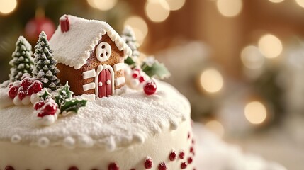 Festive gingerbread house cake decorated with icing, cranberries, and holly.