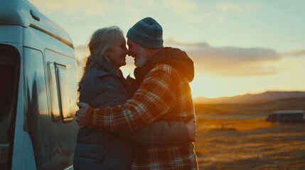 Loving senior couple embracing outside their motorhome during a leisure trip, celebrating freedom, retirement, and a fulfilling alternative lifestyle on the road