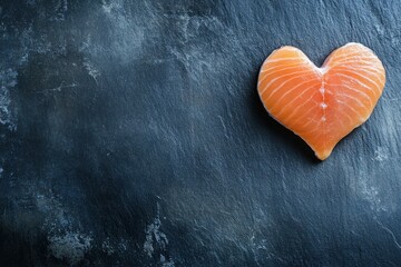 Fresh Salmon Fillet Cut into Heart Shape on Dark Slate Background, Perfect for Romantic Dinners or Culinary Projects Emphasizing Love and Fresh Ingredients