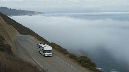 Class A diesel pusher motorhome RV driving along scenic California Highway 101 covered in coastal fog, symbolizing adventurous road trips, recreational travel, and serene landscapes