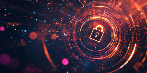 A glowing digital lock icon surrounded by vibrant circular patterns of data streams, symbolizing cybersecurity, encryption, and secure technology in a futuristic style.