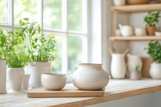 Cozy Home Pottery Workshop with Artisan Crafting Unique Ceramic Vessels in Earthy Tones and Natural Light