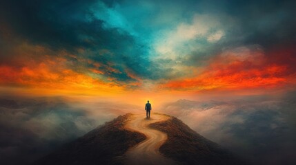 A solitary figure stands on a winding path under a dramatic sky at sunset.
