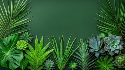 Obraz premium Lush Green Leaves and Succulents on Dark Background for Nature and Botanical Themes