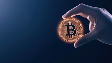 Donating money gives hope. Hand holding a glowing Bitcoin against a dark background.