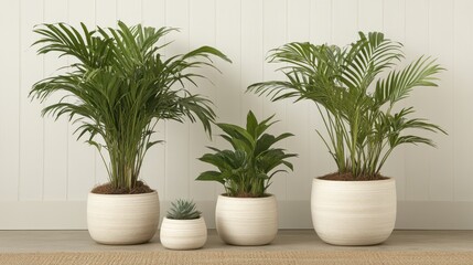 Group of Stylish Indoor Plants in Decorative Pots on a Light Wooden Floor