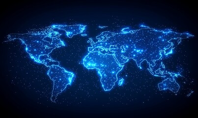 Glowing blue world map with illuminated cities.