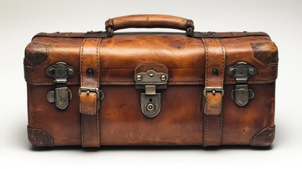 a brown leather case with silver buckles