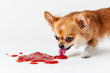 Spilled ketchup on a white background and a small dog with a long tongue licking