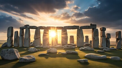 Inside the Stonehenge Circle of Stones with a Sun Rays.generative.ai