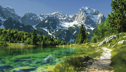 Fototapeta premium Alpine Lake and Snow-Capped Mountains