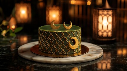 Dark green cake with gold crescent moons and lattice design, on marble stand, lit by lanterns.