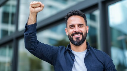Obraz premium Cheerful businessman stands proudly with raised fist, symbolizing victory and successful business start