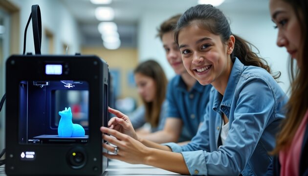 Smiling student adjusts 3D printer in modern tech room. Group of students learns new tech skills in bright laboratory. Happy student focus on work. Digital creation. Maker culture in STEM education.