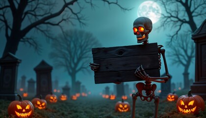 Skeleton holds wooden sign in haunted cemetery at night. Glowing eyes on skeleton. Halloween pumpkins. Moonlight. Spooky atmosphere. Creepy. Dark. Fantasy. Horror. Autumn. Holiday. October. Festival.
