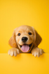 Golden retriever puppy peeking over yellow surface, playful portrait against bright background