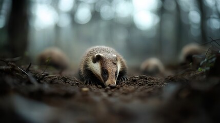 A curious badger explores the forest floor, surrounded by a misty, enchanting atmosphere.