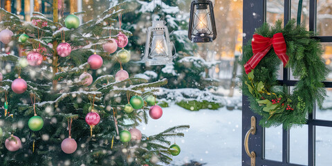 Snowy Christmas Scene Decorated Tree Wreath Lanterns