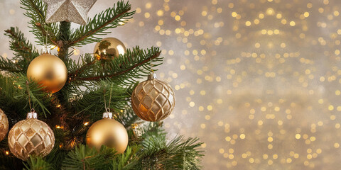 Sparkling Gold Christmas Tree Ornaments Festive Holiday Background