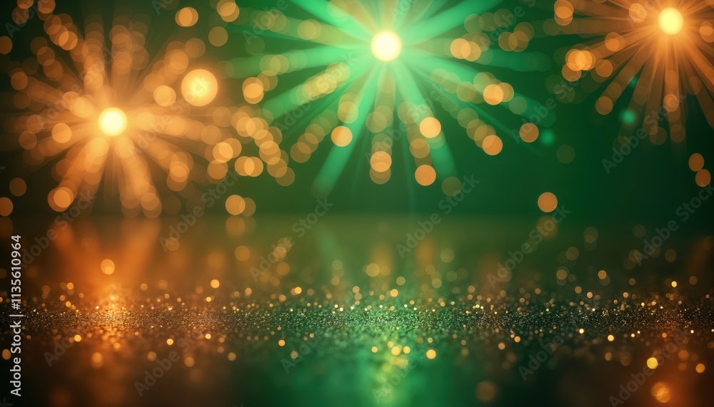 Poster abstract festive backdrop with gold, green fireworks bokeh. spectacular blurry display of bright lig