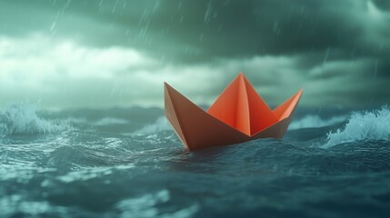 Obraz premium Paper boat sailing through stormy ocean waves
