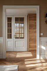 Fototapeta premium Sunlit hallway with white door, wood wall, and herringbone floor.