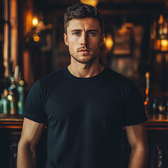 Serious 30-Year-Old Man in Black T-Shirt Inside Irish Pub