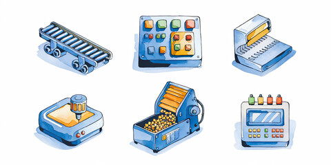 Fototapeta premium Industrial Machinery Watercolor Illustrations Conveyor Belt Control Panel Processing Equipment