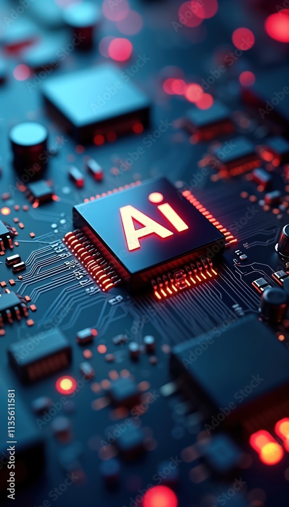 Poster AI chip on tech circuit board glows with red light. Advanced microchips tech. Futuristic illustration. Digital tech concept. Modern electronic circuit board. AI development. Tech progress.