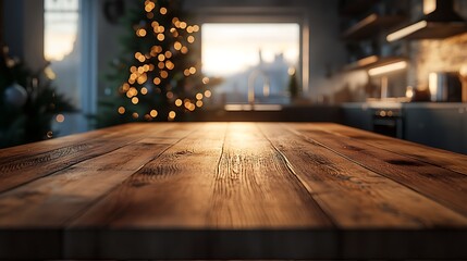 Empty wooden table top with a blurred kitchen interior and a Christmas tree in the background