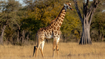 Obraz premium Giraffe standing in savanna grassland.