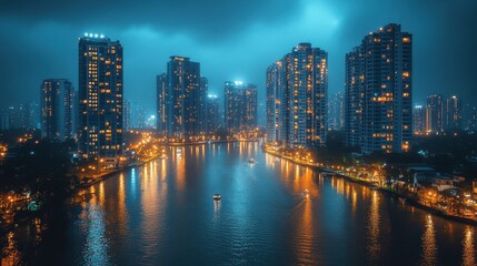 Obraz premium a city with lights and a reflection of a body of water