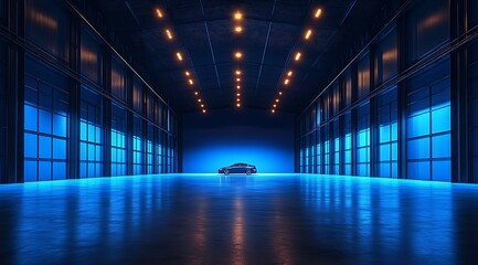 Dark blue lit warehouse interior with a car.