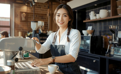 barista preparing coffee in cozy cafe setting, showcasing warm atmosphere and friendly service. barista wears white shirt and denim apron, smiling at camera