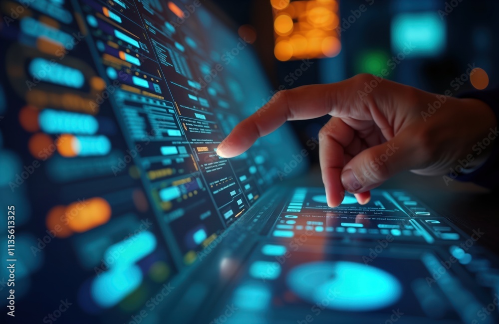 Leinwandbilder Person interacts with advanced augmented reality dashboard. Developer uses tech interface for mobile app design. Close-up of tech dashboard display. Person coding, designing. Innovative user